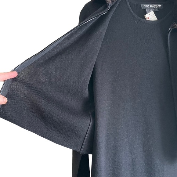 NWT Nina Leonard Black Sweater Jacket Dress Long Sleeves Leopard Collar Size M - Picture 3 of 10